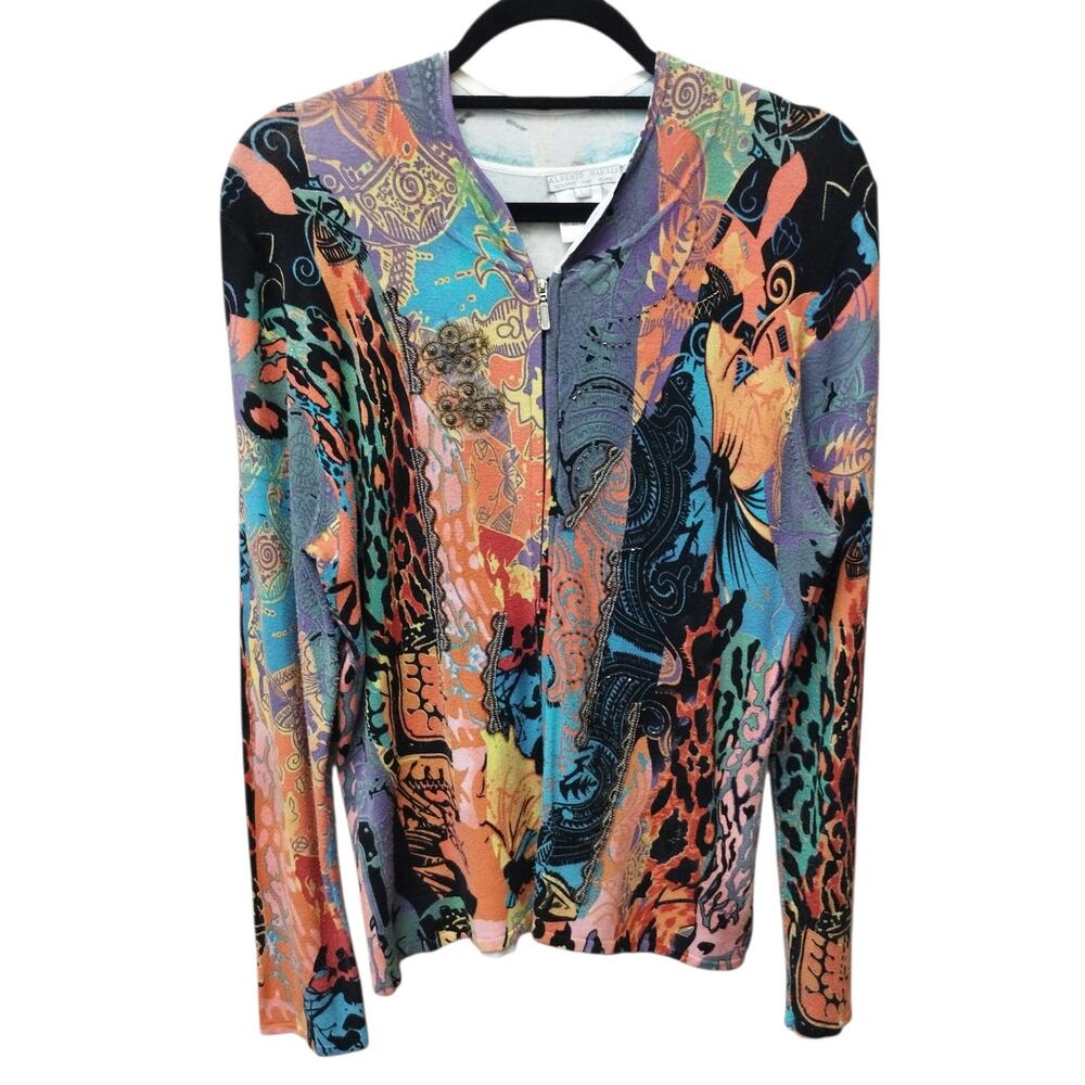 Vintage Alberto Makali Embellished Full Zip Cardigan Large Colorful Art to Wear
